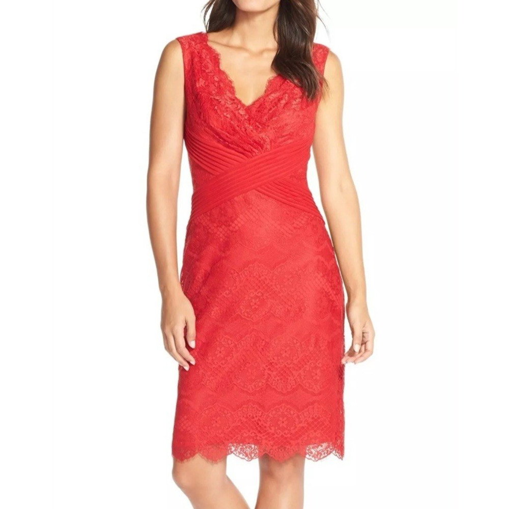 Tadashi Shoji Women 8 Dress V-Neck Sleeveless Lace Overlay Sheath Red